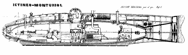 Ilustración del prototipo de submarino Ictineo, de Narcís Monturiol